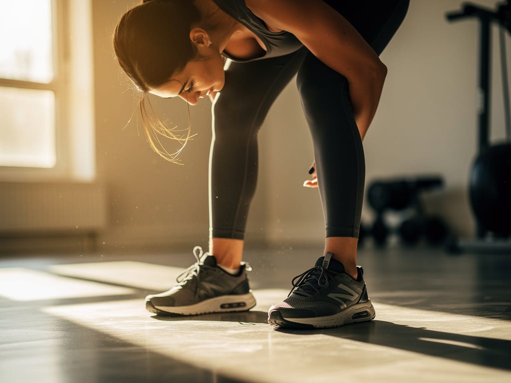 A person looking at their sneakers, ready to start a home workout
